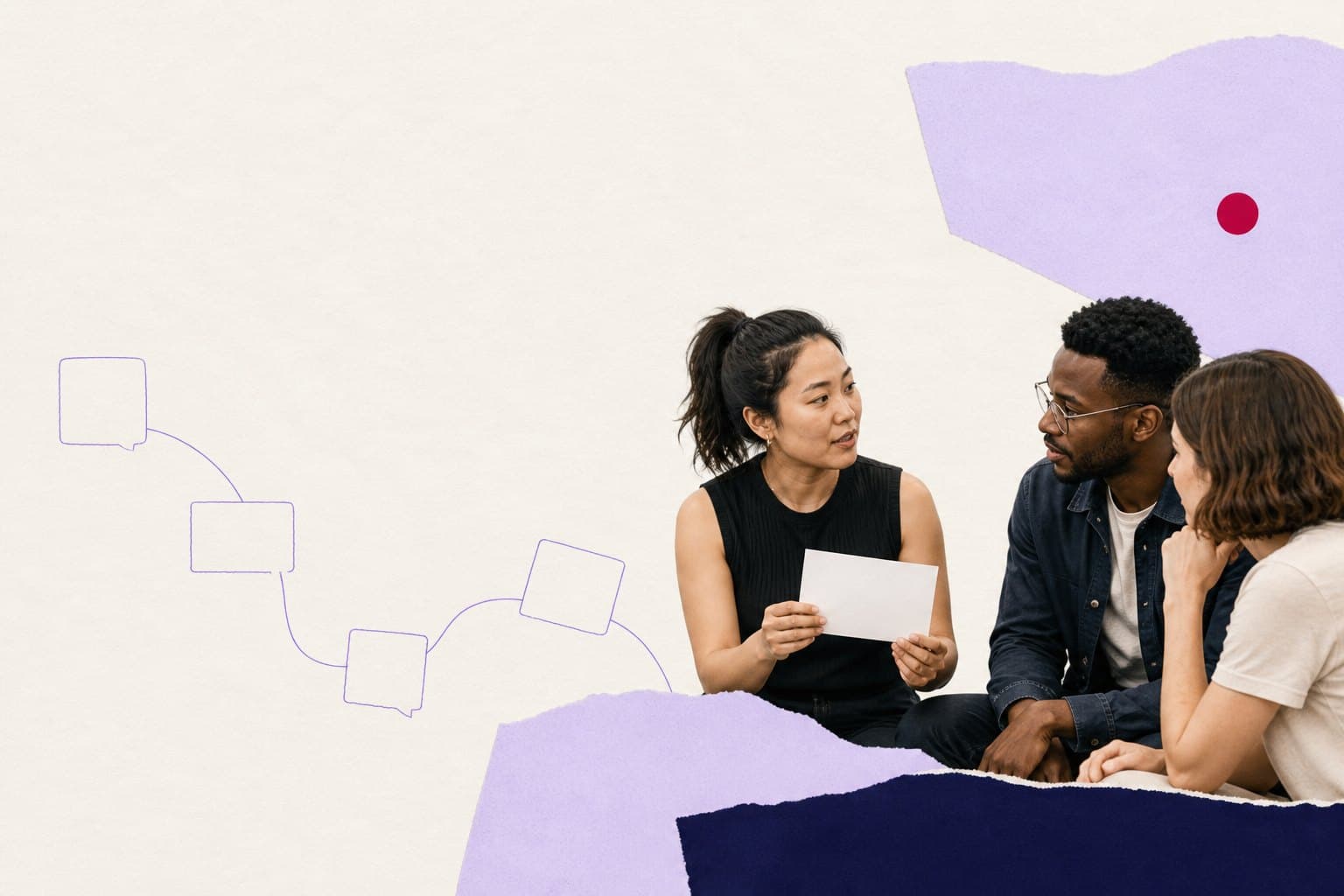 Editorial illustration of anonymous survey questions organised around a protected handbook