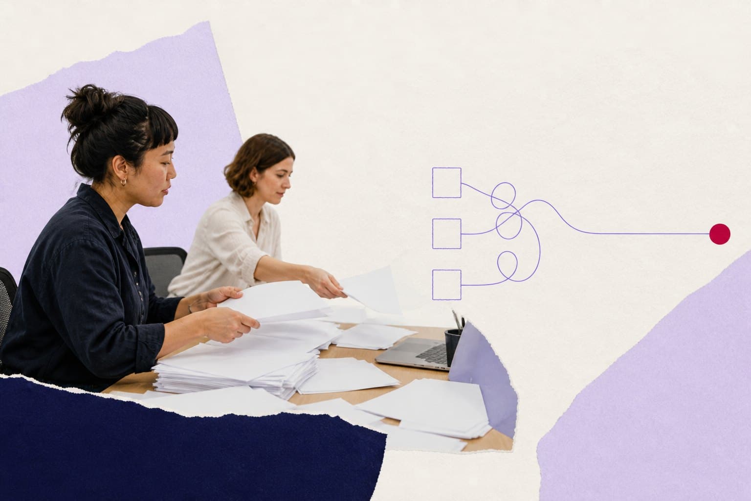 Editorial illustration of forms and spreadsheets accumulating into the hidden time cost of a DIY employee survey