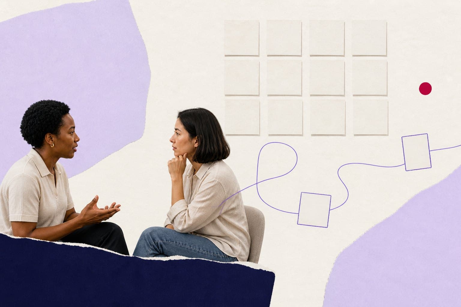Editorial illustration of a calm employee listening cycle with measured survey intervals and visible action