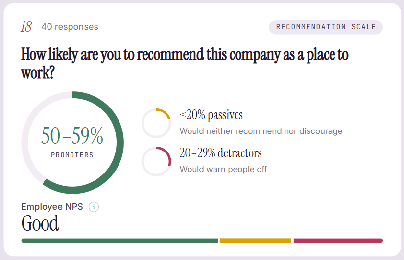 Synthetic Candora recommendation result showing promoters, passives, detractors and an employee NPS assessment