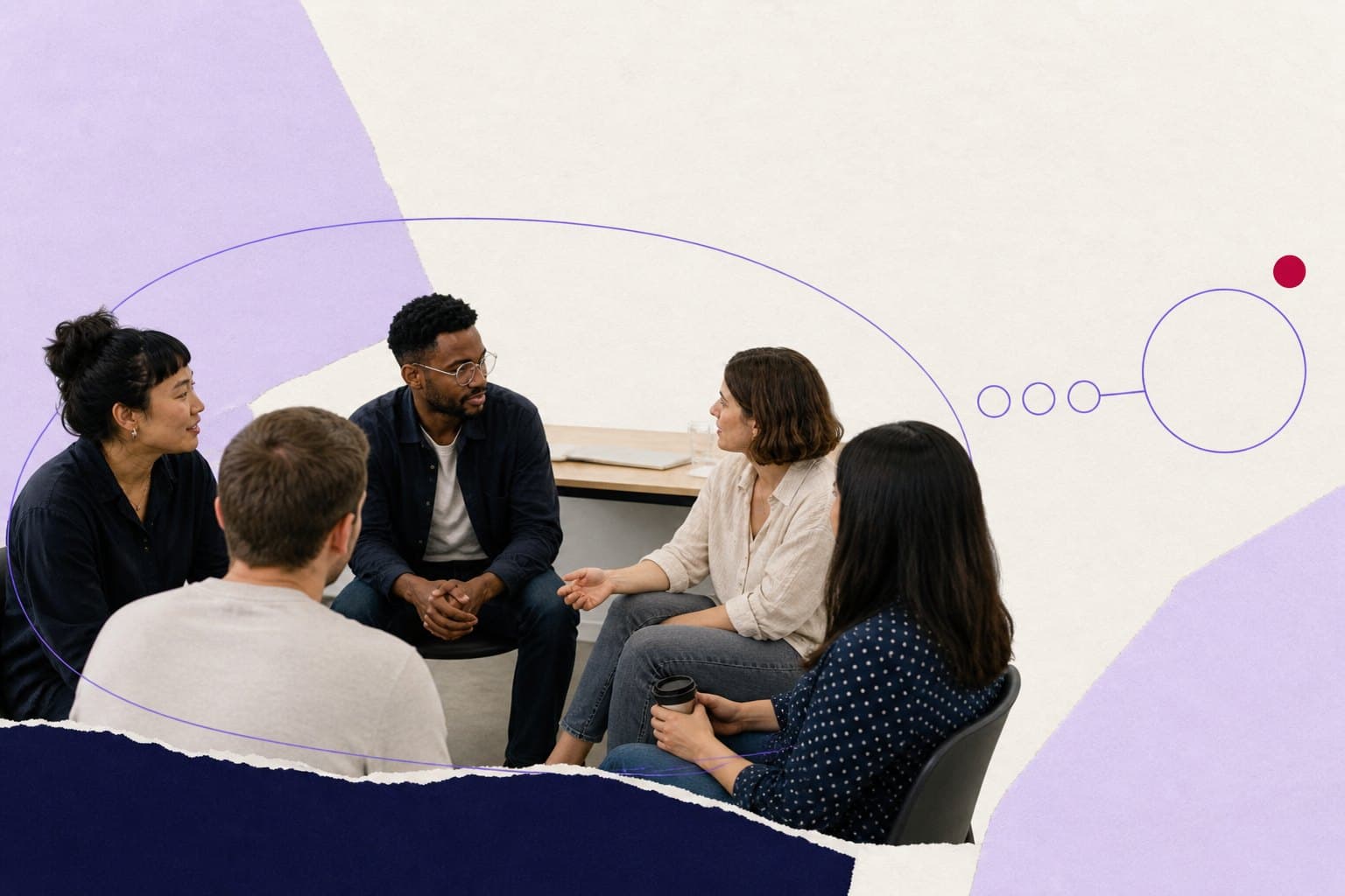 Editorial illustration of a small group of employees protected behind a privacy boundary while an aggregate report is produced