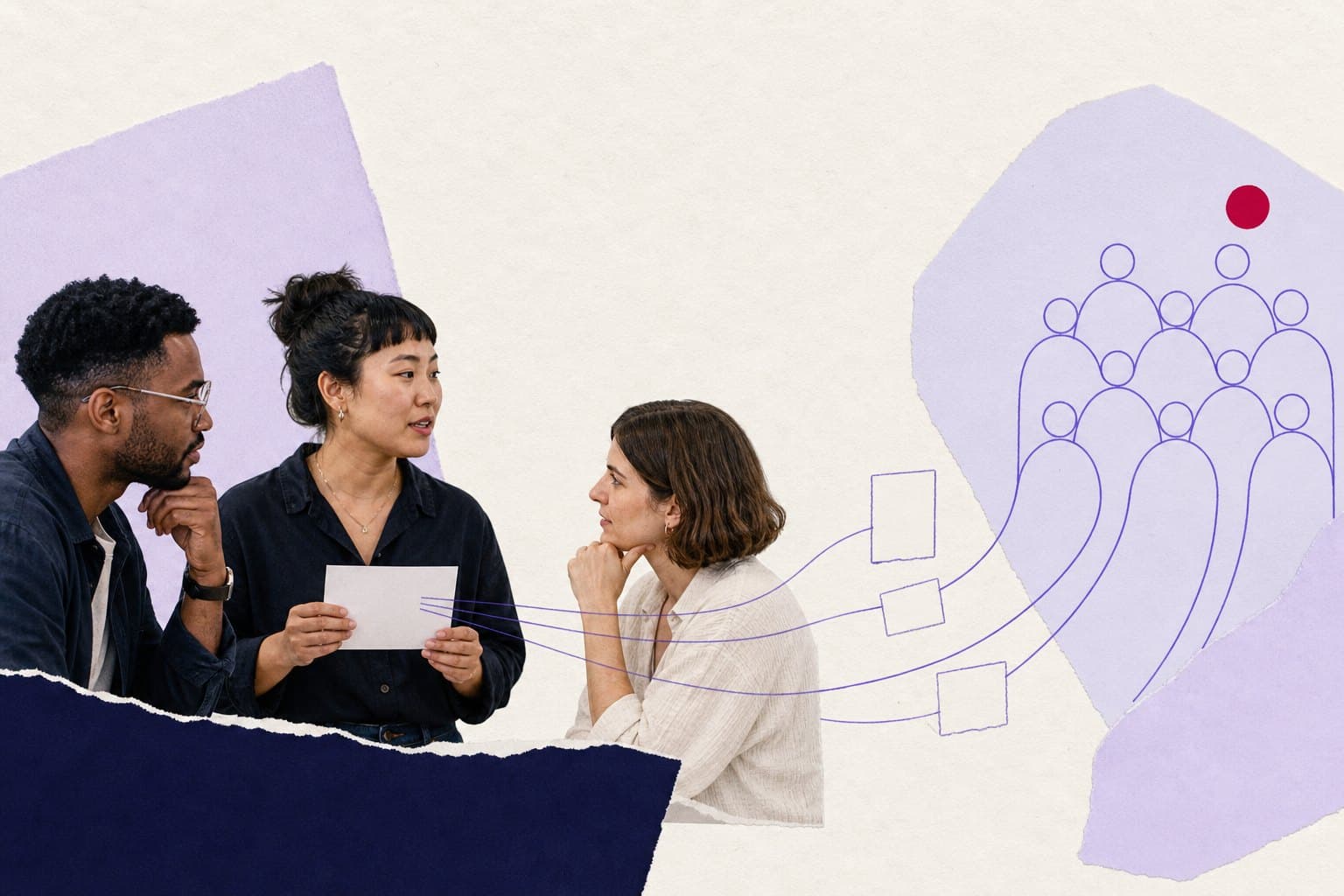 Editorial illustration of employee questions passing through a visible privacy boundary into trusted group findings