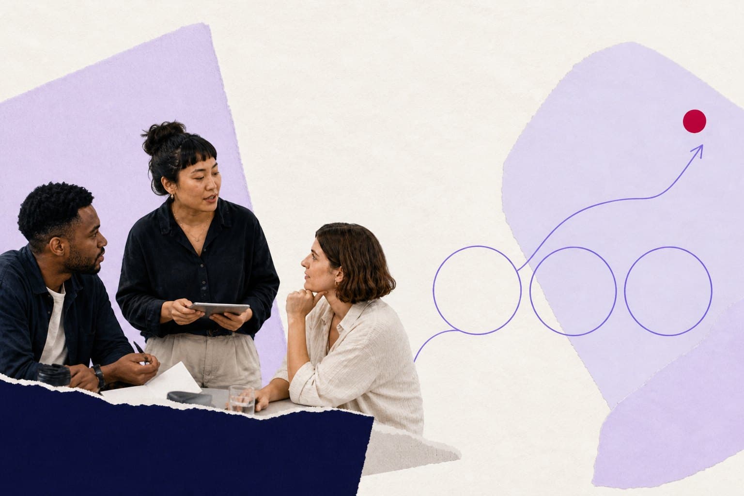 Editorial illustration of an employee survey evidence sheet surrounded by anonymous response markers and a measuring tool