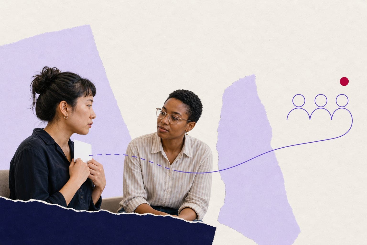 Editorial illustration of guarded feedback passing through a protected listening boundary and becoming clear group insight